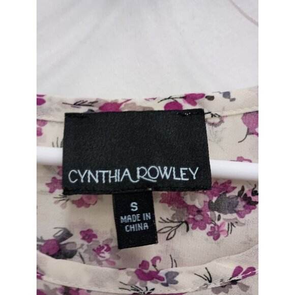 Cynthia Rowley Womens Top Size Small Ivory Purple Floral Chiffon Tulip Back - Picture 5 of 9